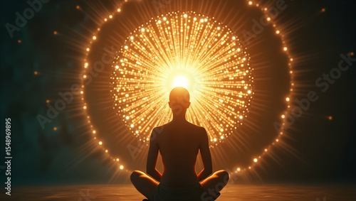 Spirit Guide A person with glowing heart center inside a reflective light dome, capturing the essence of healing, inner radiance, and universal presence