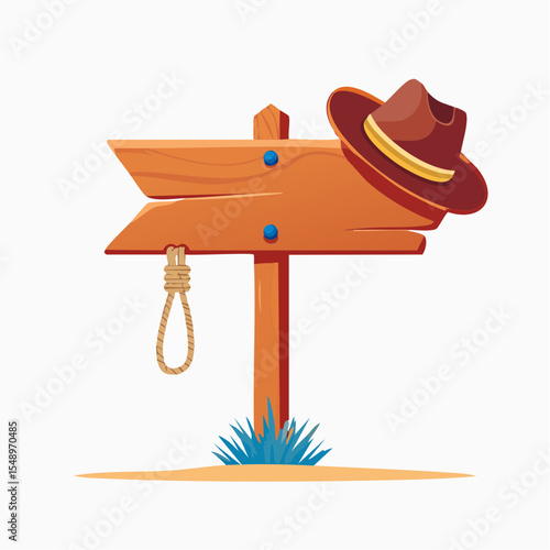 A western-style signpost featuring a cowboy hat and rope, perfect for themed events and rodeo visuals.
