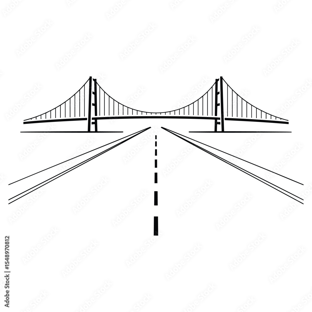 Suspension bridge over highway, minimalist black and white illustration
