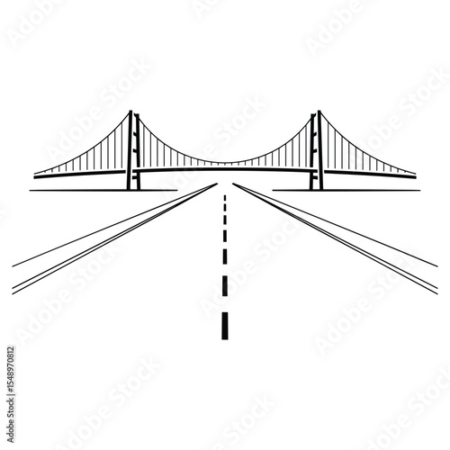 Suspension bridge over highway, minimalist black and white illustration