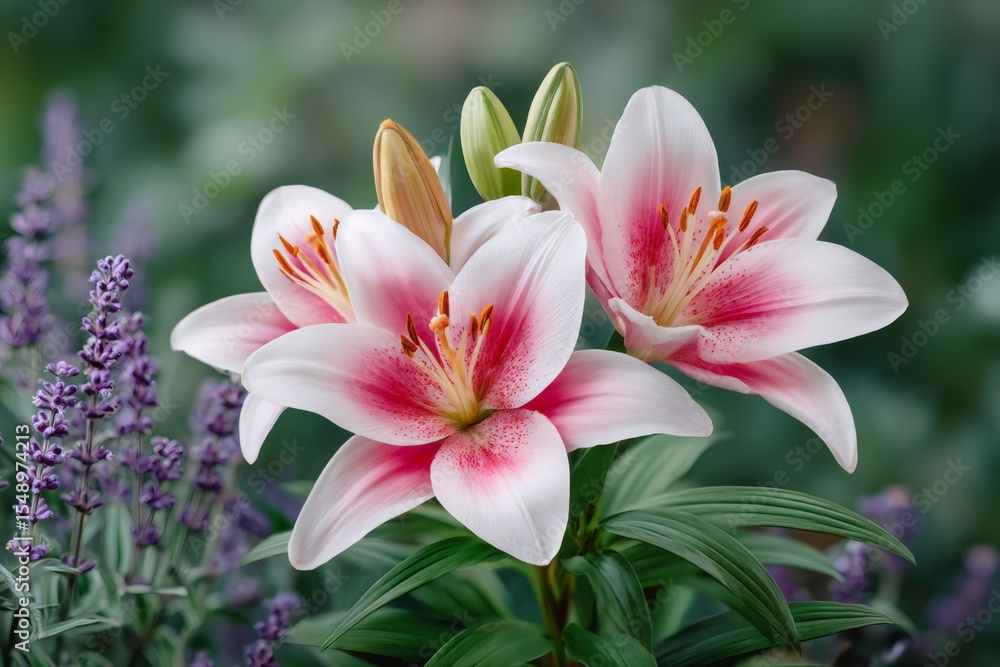 Naklejka premium Pink and white lilies blooming in a garden with lavender