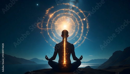 Spirit Guide Person with cosmic lines through spine within a circle of ancient starlight, immersed in total cosmic stillness and spiritual alignment