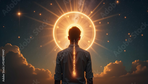 Spirit Guide Person with cosmic lines through spine within a circle of ancient starlight, immersed in total cosmic stillness and spiritual alignment
