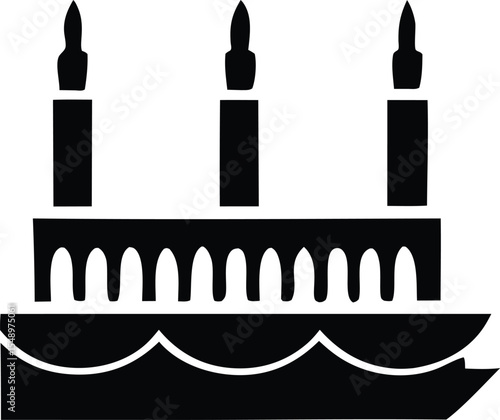 Stylized Three Candle Structure on a Watery Base black and white graphic structure with three tall candle like objects atop platform with arched