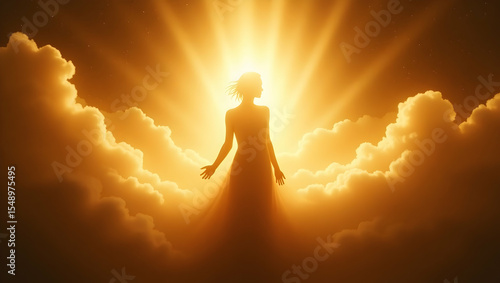 Spirit Guide Silhouette with inner light bursting out surrounded by halos of soft golden waves, with radiant streams of light flowing outward, representing a spiri 