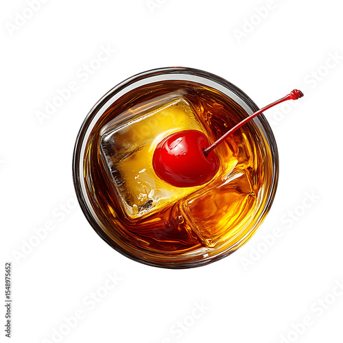 Top View of a Whiskey Cocktail with Ice Cube and Cherry
