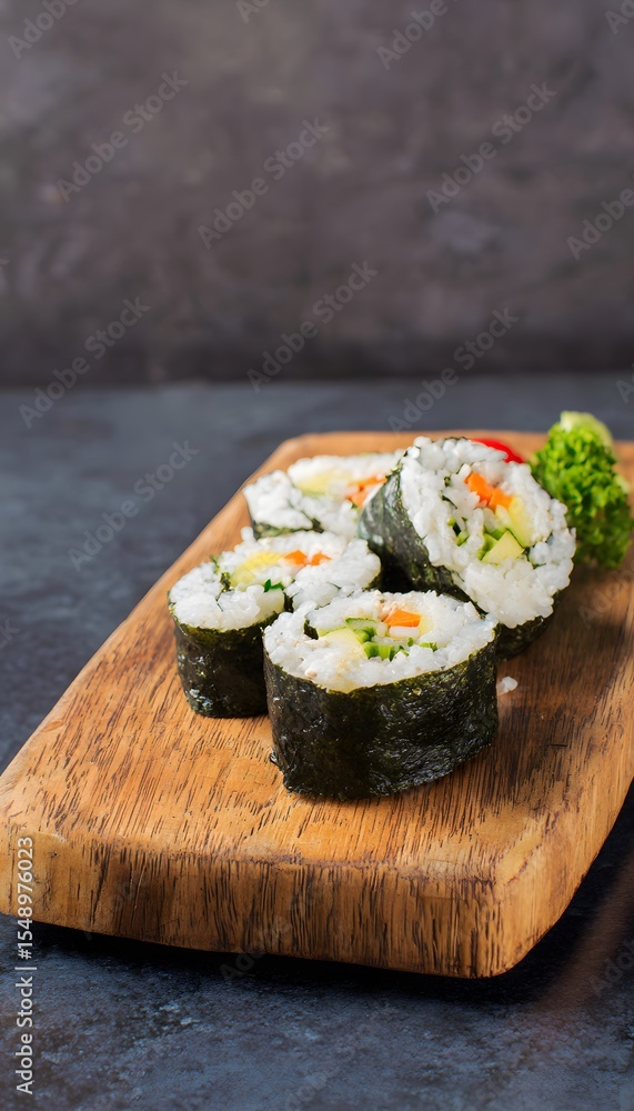 Sushi rolls with nori and vegetables on a wooden plate Sushi rolls with nori and vegetables on a wooden plate