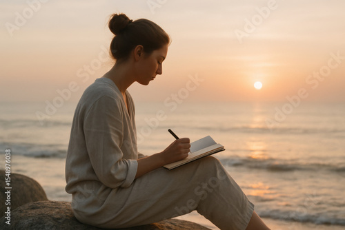 Young woman writing in notebook at sunset on beach