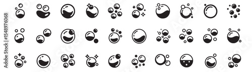 Bubble foam icon set. Vector glyph pictograms of water bubbles, sparkle, cleanliness, air movement, effervescent, underwater black silhouette illustration
