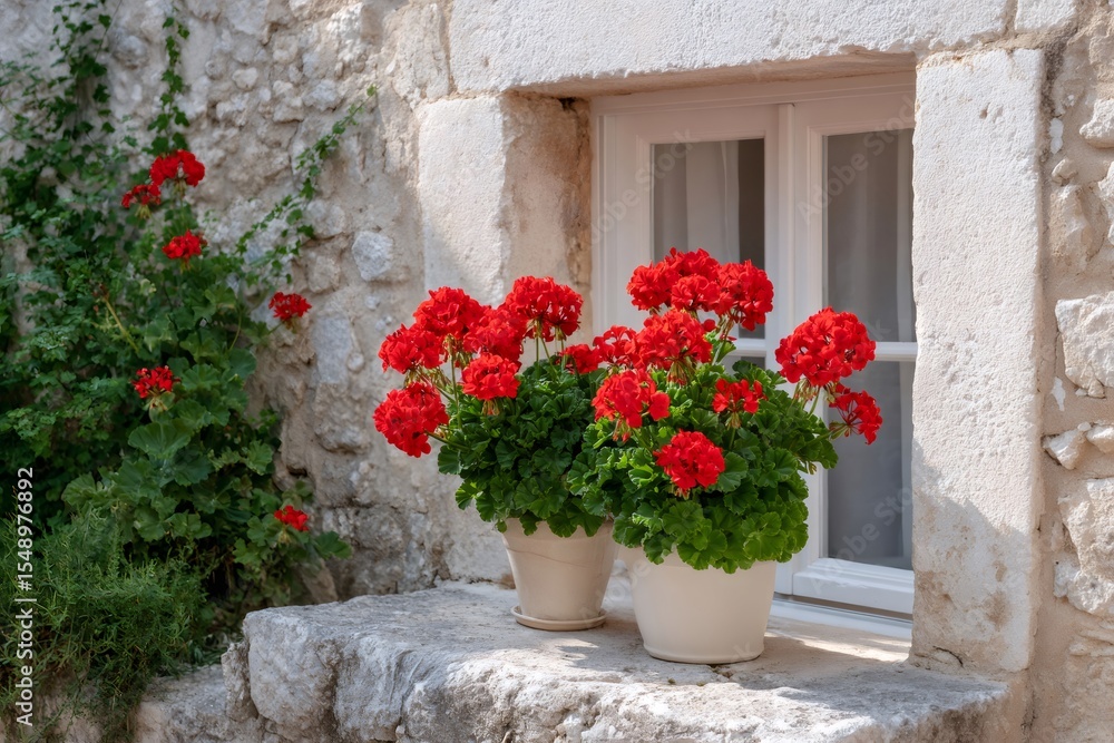 Naklejka premium Red geraniums growing in pots on window sill of stone house