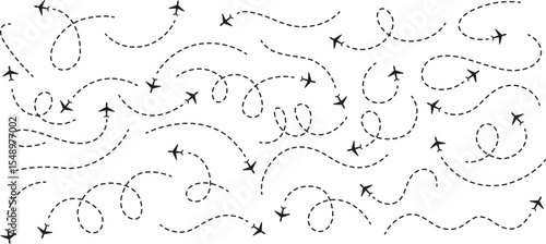 Travel concept Dotted path airplane Aircraft tracking. Line path vector icons of air plane flight routes with start point and dash line trace