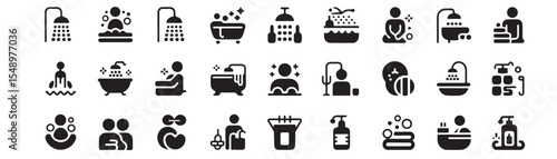 Spa and bath icon set. Vector glyph pictograms of shower, bathtub, sauna, jacuzzi, swimming pool, relaxation, hygiene, wellness, soap bubbles black silhouette illustration. 