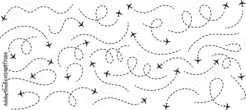 Travel concept Dotted path airplane Aircraft tracking. Line path vector icons of air plane flight routes with start point and dash line trace
