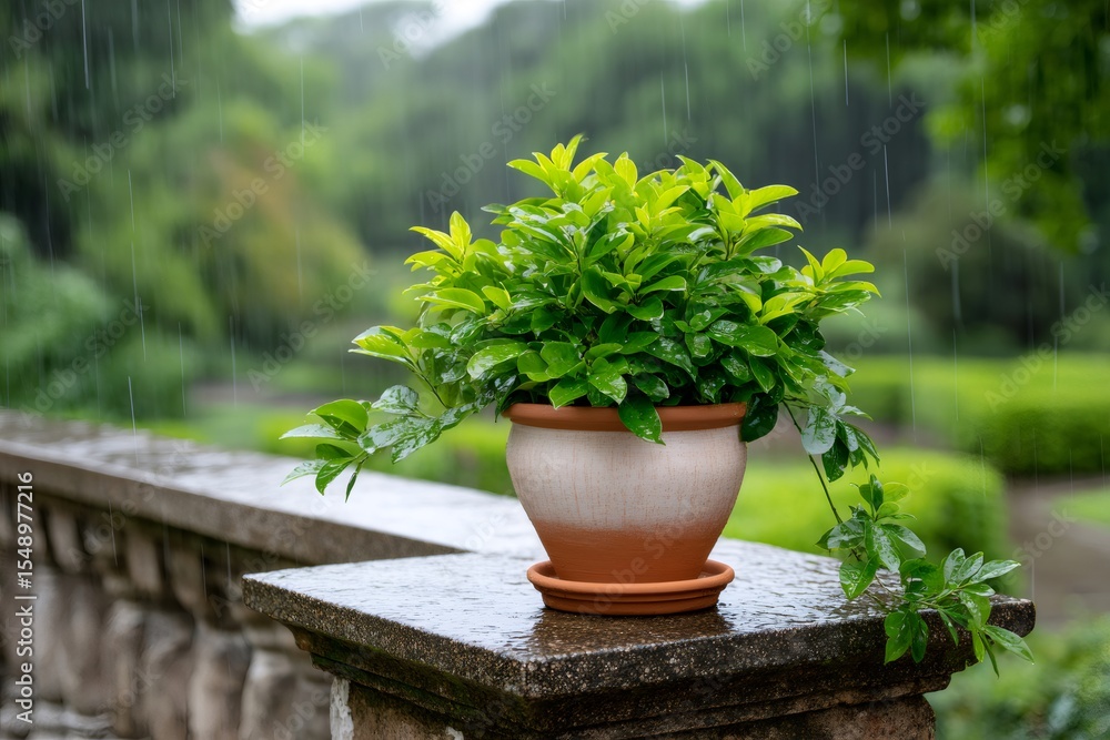 Potted plant getting wet in the rain on a stone pillar Potted plant getting wet in the rain on a stone pillar
