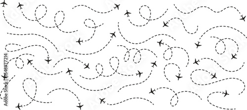 Travel concept Dotted path airplane Aircraft tracking. Line path vector icons of air plane flight routes with start point and dash line trace