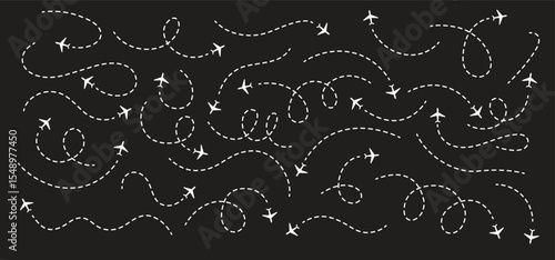 Travel concept Dotted path airplane Aircraft tracking. Line path vector icons of air plane flight routes with start point and dash line trace