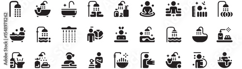 Spa and bath icon set. Vector glyph pictograms of shower, bathtub, sauna, jacuzzi, swimming pool, relaxation, hygiene, wellness, soap bubbles black silhouette illustration. 