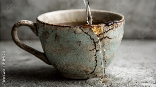 Cracked Ceramic Cup with Spilling Liquid on Textured Surface