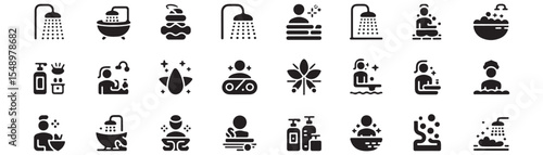 Spa and bath icon set. Vector glyph pictograms of shower, bathtub, sauna, jacuzzi, swimming pool, relaxation, hygiene, wellness, soap bubbles black silhouette illustration. 