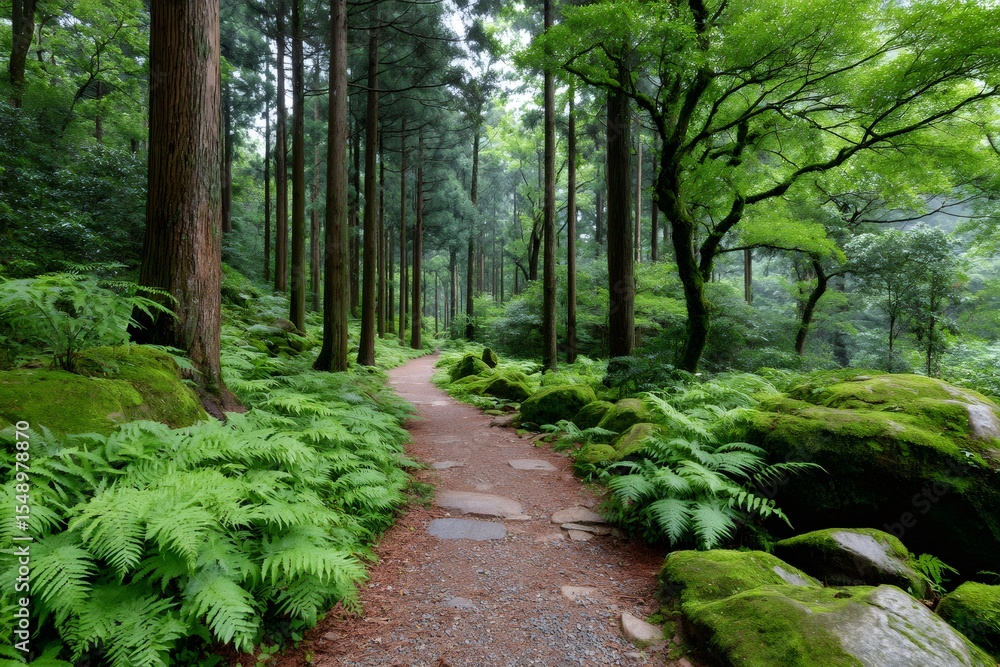 Obraz premium Path winding through lush green forest with ferns and moss covered rocks