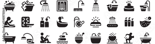 Spa and bath icon set. Vector glyph pictograms of shower, bathtub, sauna, jacuzzi, swimming pool, relaxation, hygiene, wellness, soap bubbles black silhouette illustration. 