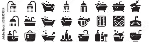 Spa and bath icon set. Vector glyph pictograms of shower, bathtub, sauna, jacuzzi, swimming pool, relaxation, hygiene, wellness, soap bubbles black silhouette illustration. 