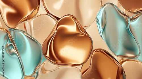 Abstract background of golden and teal liquid drops with reflections and shine. Glossy texture