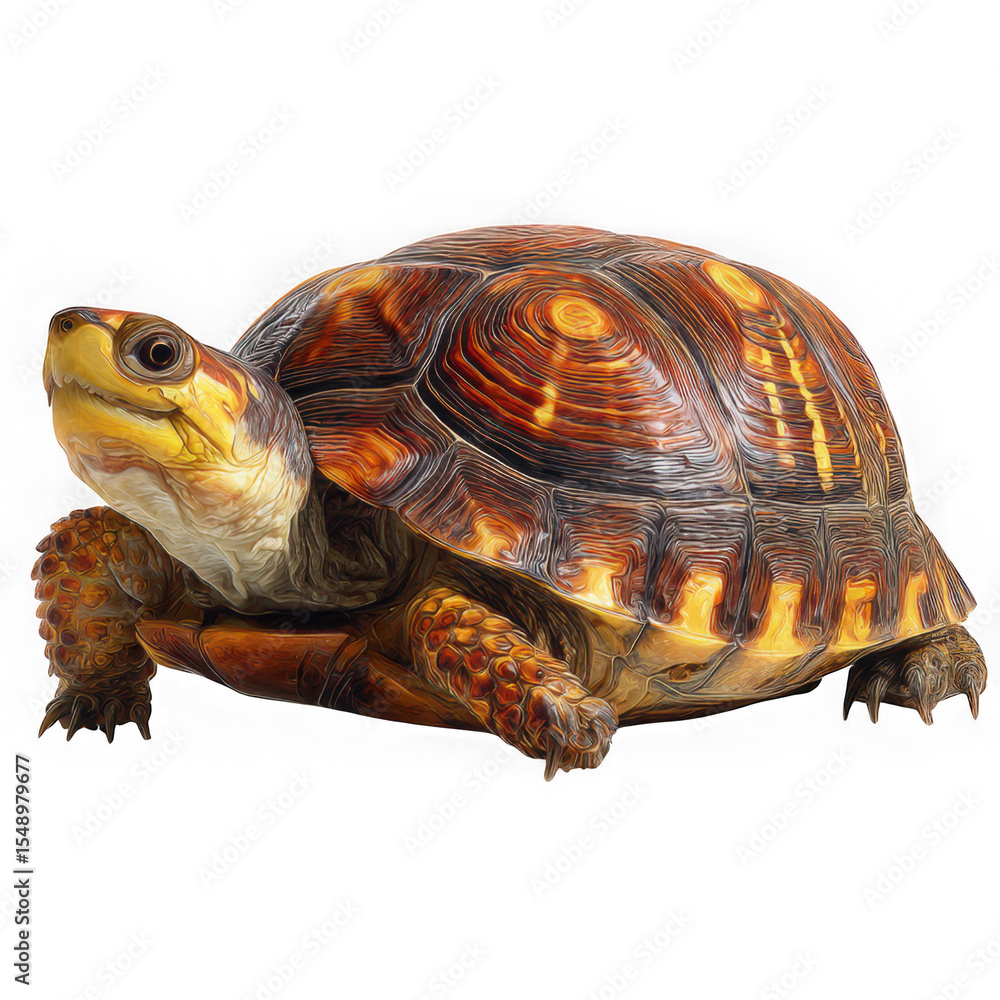 Fototapeta premium Close up of a turtle with a brown and yellow shell on a white background pose