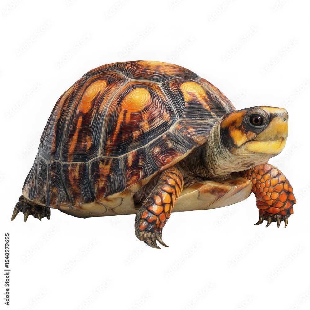 Obraz premium A close up of a turtle with an orange and brown shell on a white background