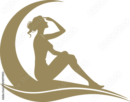 logo design For cosmetics, beauty, tattoo, Spa, feminine, jewelry store Sitting  Woman Gracefully on a Crescent Moon with Flowing Waves