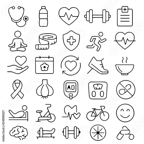 A collection of minimalist icons representing wellness, healthcare and medical concepts, featuring a stethoscope, water bottle, heartbeat, dumbbell, medical record, meditation, measuring tape, shield.