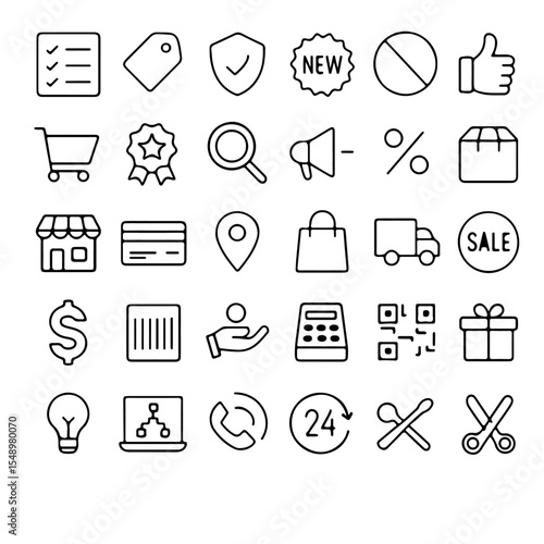 A comprehensive collection of modern shopping and e-commerce icons, perfect for websites, apps, and promotional materials. These versatile icons can enhance user experience.