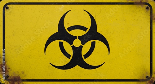 Weathered Biohazard Warning Sign: Grunge Yellow Metal Plate with Black Symbol