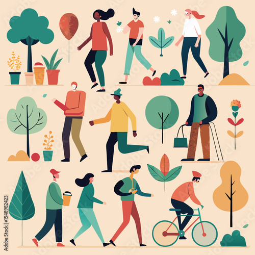 City Stroll & Urban life : Diverse individuals engage in leisurely strolls, embracing a blend of urban exploration and vibrant outdoor activities amidst trees.