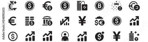 Currency exchange, financial growth icon set. Vector glyph pictograms of dollar, euro, yen, cryptocurrency, stock market, banking, investment, global economy black silhouette illustration. 