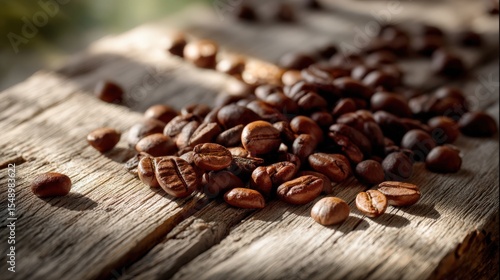 Coffee Beans Spread on Rustic Wooden Surface with Natural Light