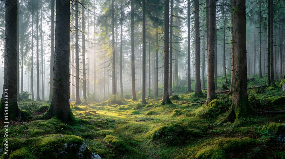 Fototapeta premium A dense forest with tall trees and a mossy ground cover illuminated by sunlight through the fog