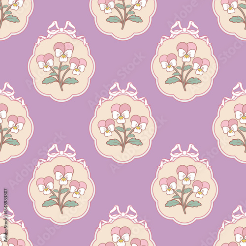 Seamless pattern with pansy flowers in white bow frame on purple background. Repeat design with vintage floral and ribbon crest. 