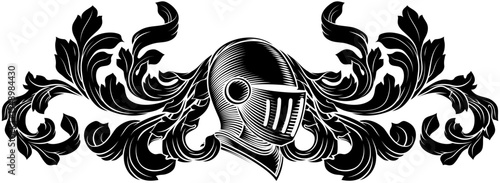 Coat of arms crest knight family medieval shield heraldry heraldic armorial motif. Featuring a knights helm helmet in a vintage etching engraving woodcut style