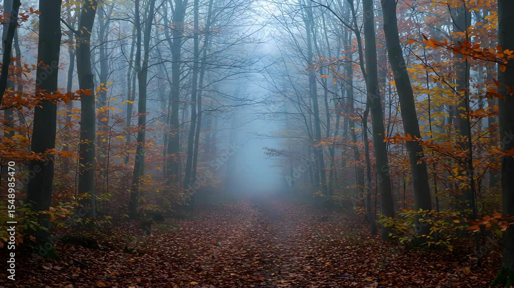 Misty Autumn Forest Path Covered with Fallen Leaves and a Dense Foggy in Nature with Tall Trees with Orange and Brown Foliage Misty Autumn Forest Path Covered with Fallen Leaves and a Dense Foggy in Nature with Tall Trees with Orange and Brown Foliage
