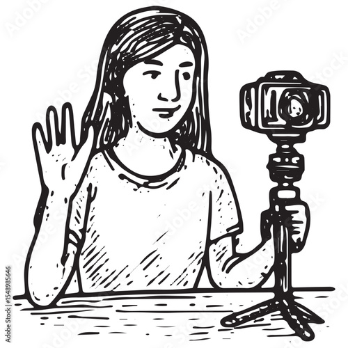 A hand-drawn sketch of a vlogger waving at a camera on a small tripod, sitting at a table, capturing a cheerful daily life vlogging moment, ideal for live streaming or content creation