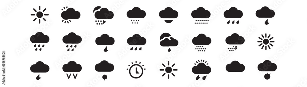 Weather, climate icon set. Vector glyph pictograms of sun, cloud, rain, snow, thunderstorm, humidity, UV index, forecast, meteorology and atmospheric condition black silhouette illustration. Weather, climate icon set. Vector glyph pictograms of sun, cloud, rain, snow, thunderstorm, humidity, UV index, forecast, meteorology and atmospheric condition black silhouette illustration.