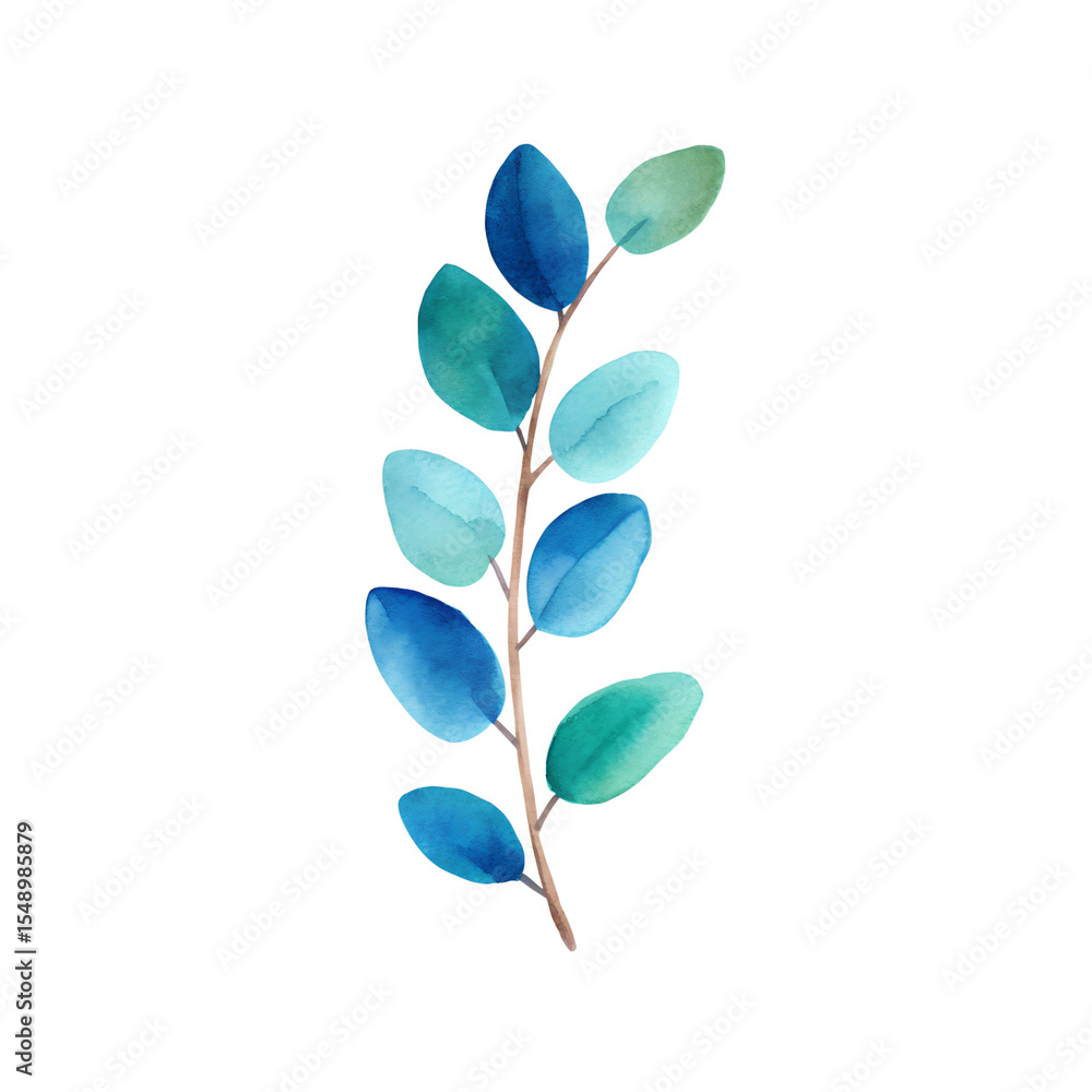 Obraz premium Eucalyptus stem with soft blue green foliage in watercolor style on transparent background