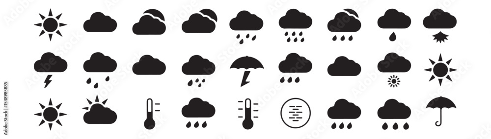 Weather, climate icon set. Vector glyph pictograms of sun, cloud, rain, snow, thunderstorm, humidity, UV index, forecast, meteorology and atmospheric condition black silhouette illustration. Weather, climate icon set. Vector glyph pictograms of sun, cloud, rain, snow, thunderstorm, humidity, UV index, forecast, meteorology and atmospheric condition black silhouette illustration.