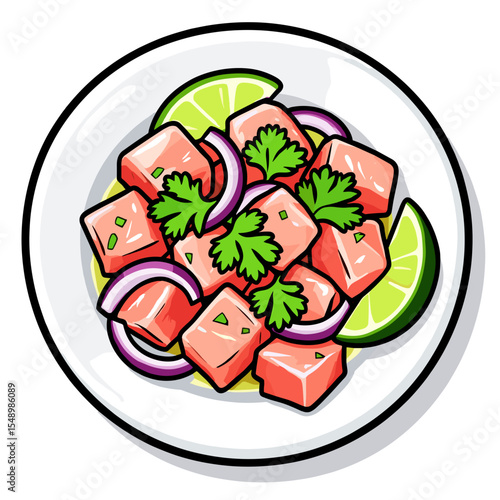 Cartoon Illustration of Ceviche Dish with Tuna, Red Onion, Cilantro, and Lime on a White Plate