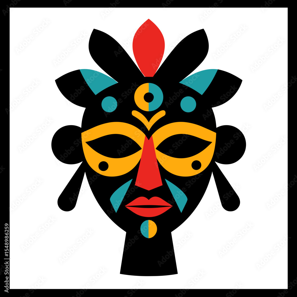 Naklejka premium Stylized African Mask Illustration with Geometric Shapes and Bold Colors Depicting Traditional Culture