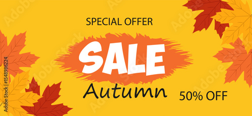 Autumn sale offers 50 percent off on select items for a limited time in a vibrant design with orange leaves