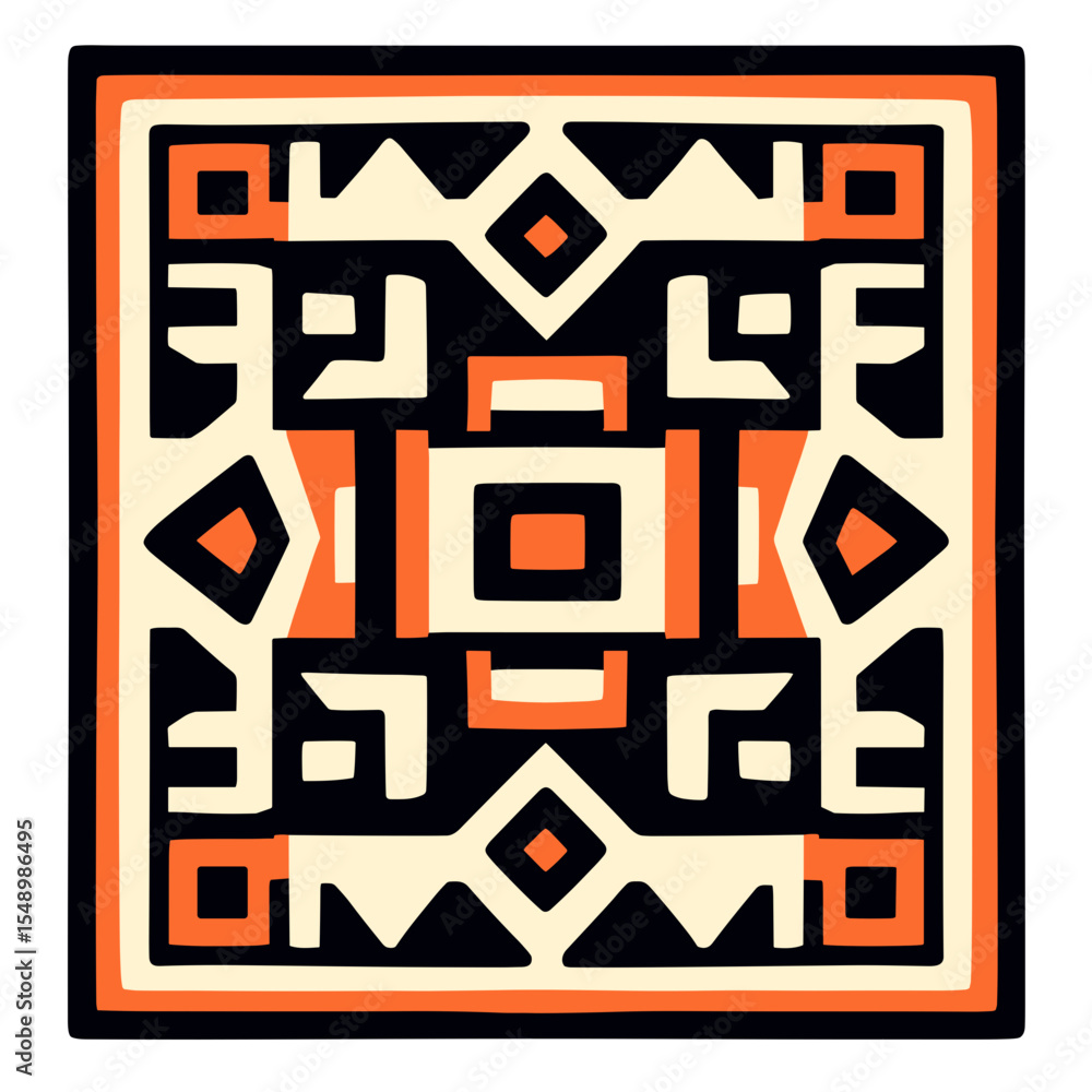 Abstract Geometric Pattern with Orange and Black Elements on a Beige Background, Square Tile Design Abstract Geometric Pattern with Orange and Black Elements on a Beige Background, Square Tile Design