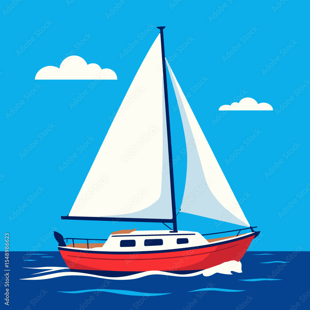 Fototapeta premium Illustration of a Red and White Sailboat Sailing on a Blue Sea with Clouds, Vector Graphic