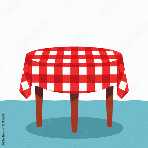 Illustration of a Round Table with Red and White Checkered Tablecloth, Three Wooden Legs, on a Blue Surface